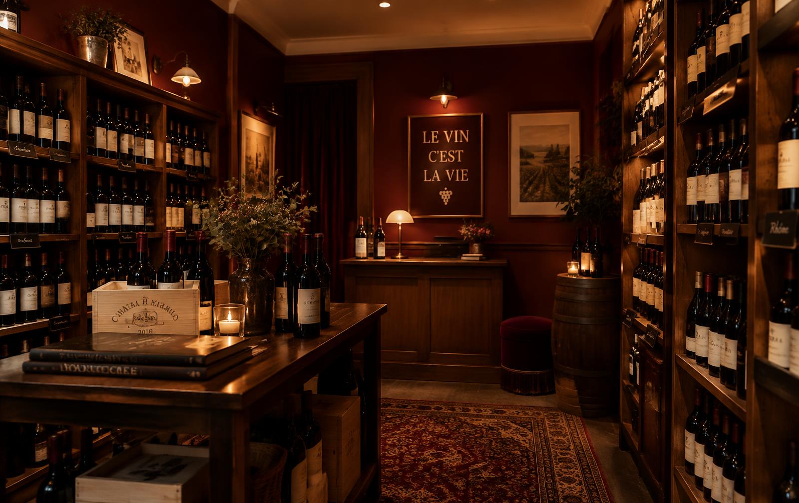 Inside a warm, wood-shelved wine shop
